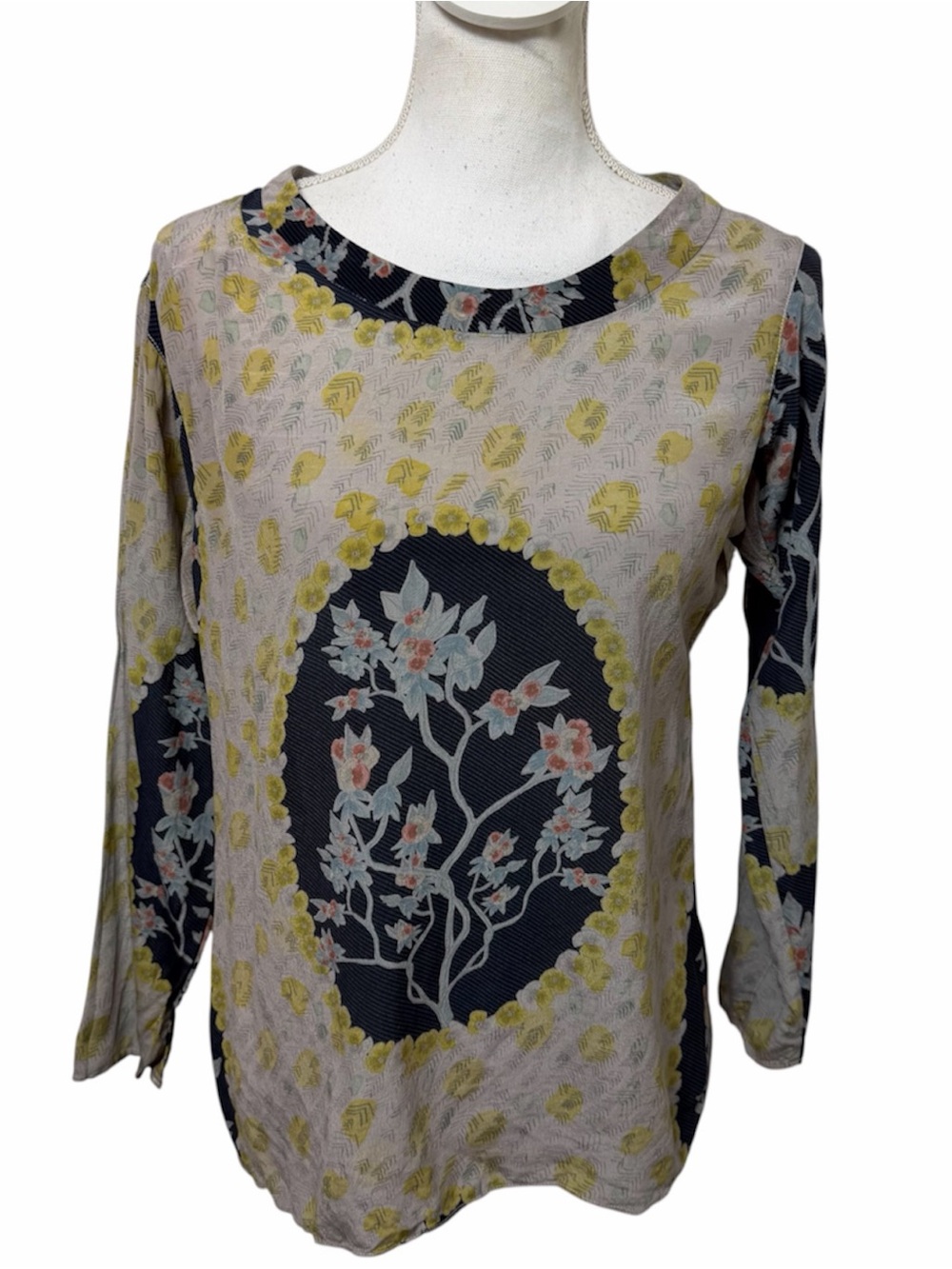 Chris Benz Silk Floral Print Blouse Gray Blue Yellow Women's 4